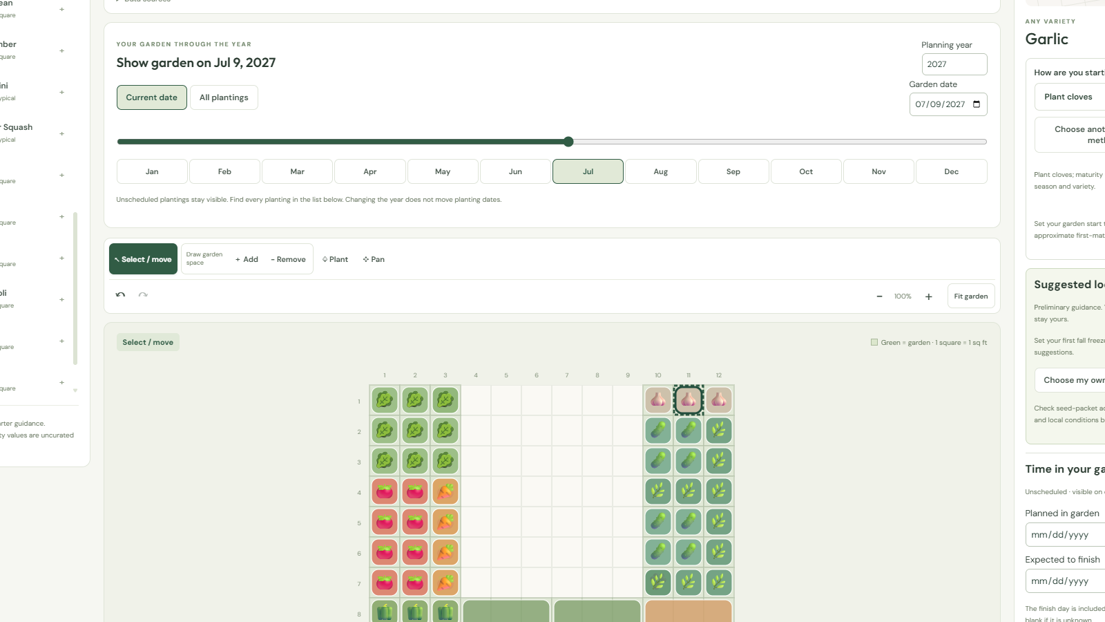 PlotSage showing a food garden plan with a seasonal timeline, plant library, irregular garden layout, and plant timing details.
